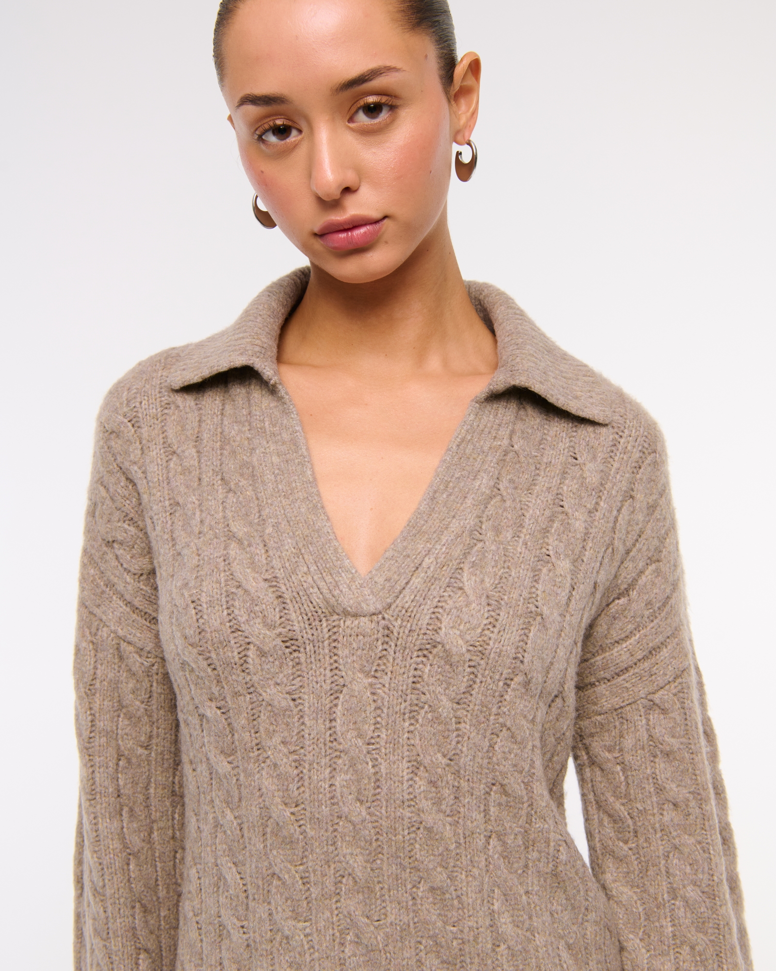 Long-Sleeve Collared Cable Mini Sweater Dress