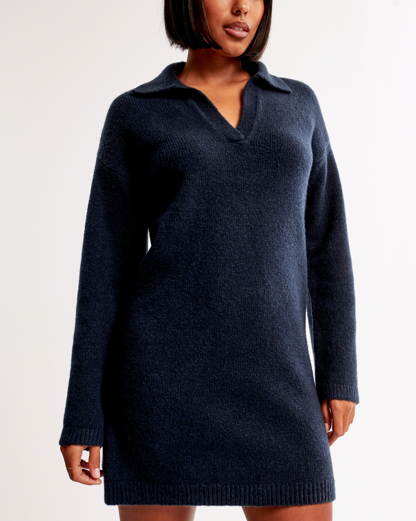 Long-Sleeve Collared Mini Sweater Dress