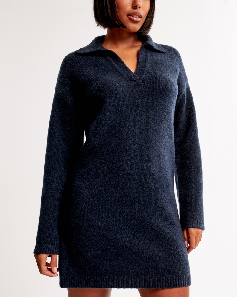 Long-Sleeve Collared Mini Sweater Dress