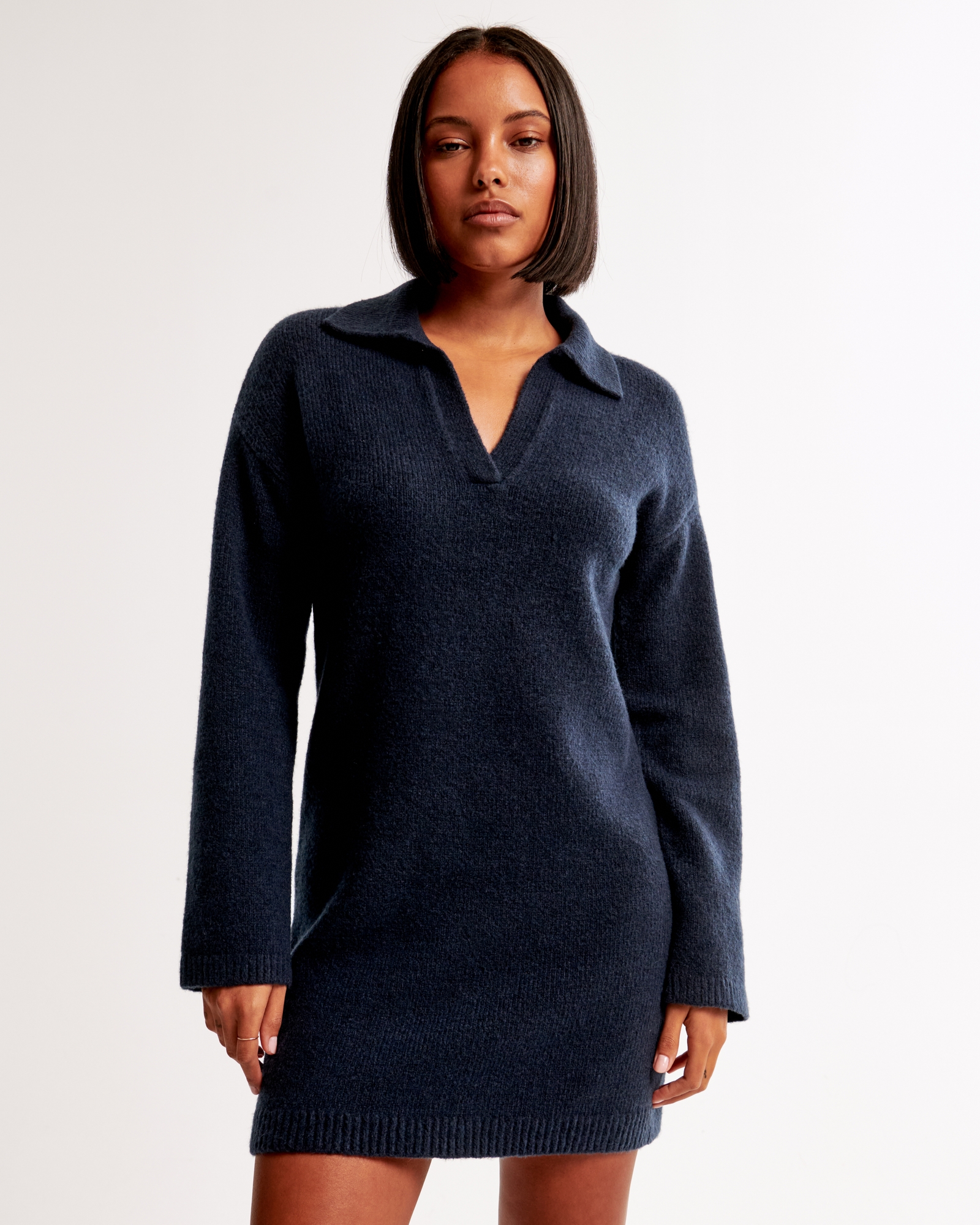 Long-Sleeve Collared Mini Sweater Dress
