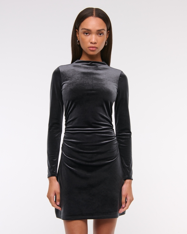 The A&F Paloma Long-Sleeve Velvet Mini Dress, Black