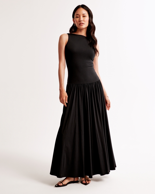 Knit Drop-Waist Maxi Dress, Black