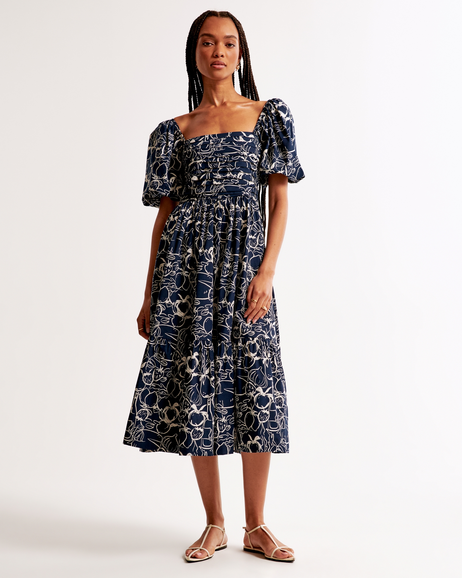 floral tea dress midi Suzannah London | Gabriella Tea Dress in Blue Meadow Floral Print | Luxury Midi Dresses