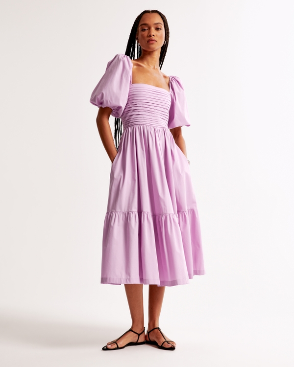 The A&F Emerson Poplin Puff Sleeve Midi Dress, Soft Pink