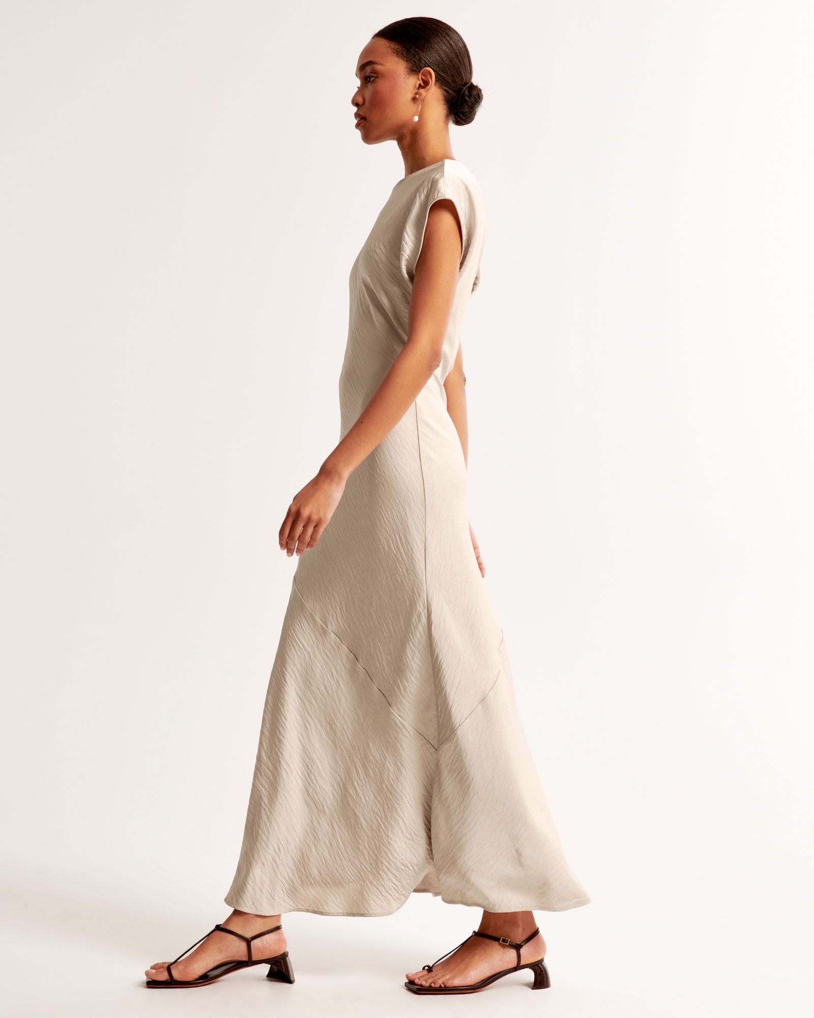 Short-Sleeve Crinkle Satin Maxi Dress