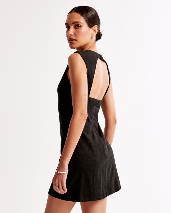 Linen-Blend Shell Mini Dress, Black