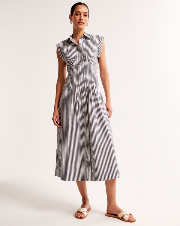 Short-Sleeve Midi Shirt Dress, Blue Stripe