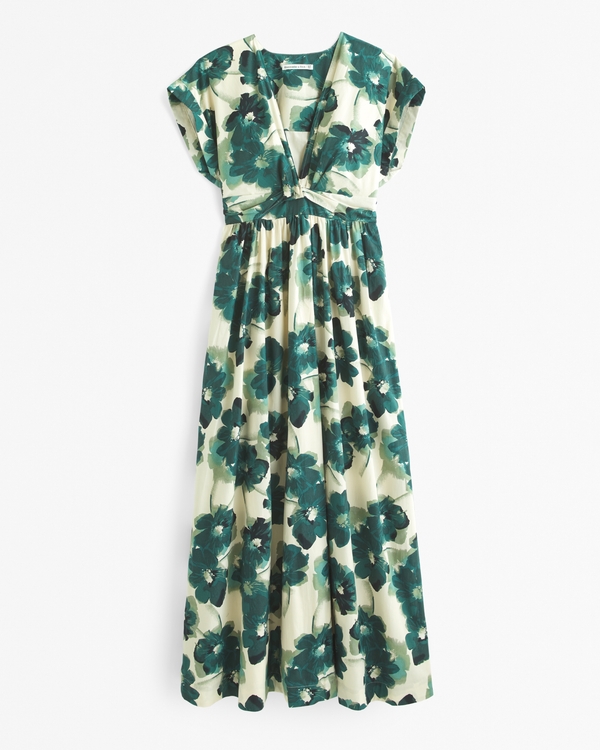 Twist-Front Midi Dress, Green Floral view 1