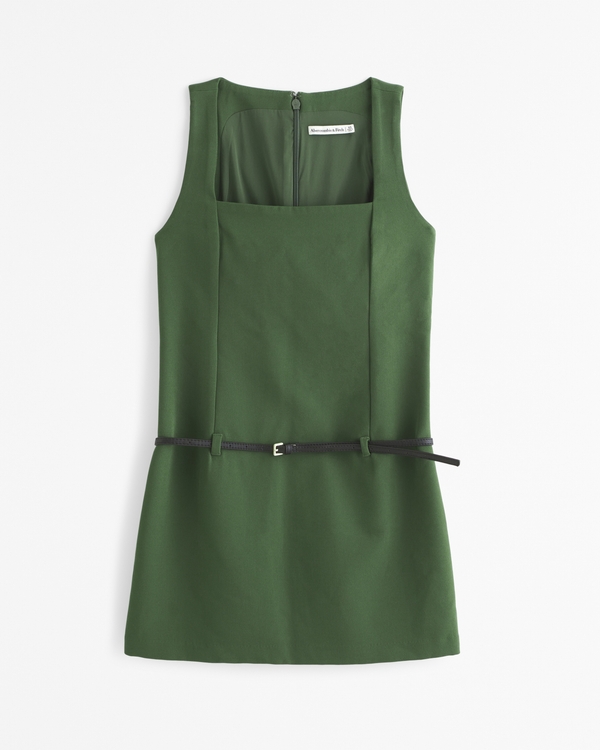 Squareneck Belted Mini Dress, Green