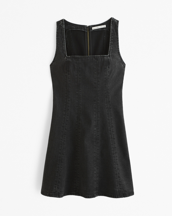 Squareneck Denim Mini Dress, Black