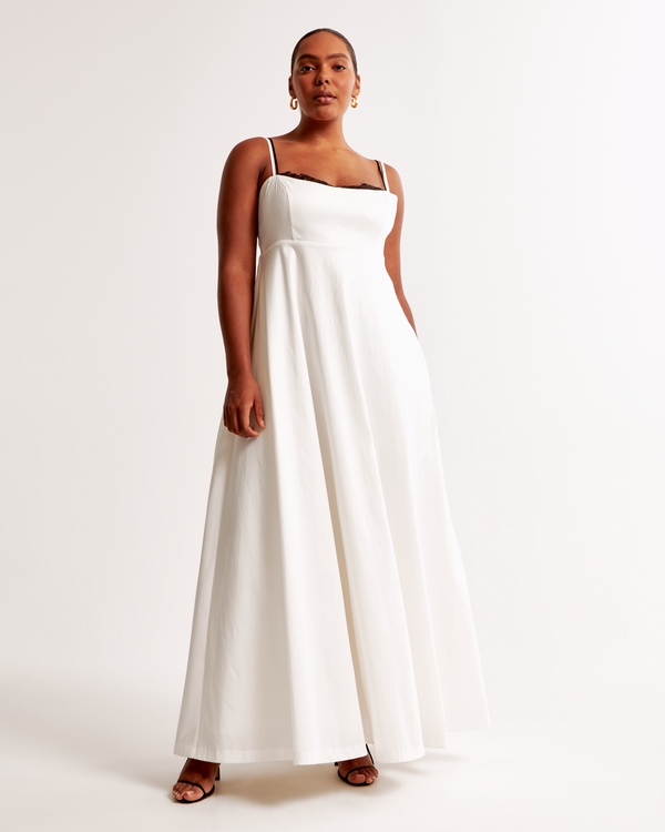 Lace-Trim Taffeta Maxi Dress, Pearl