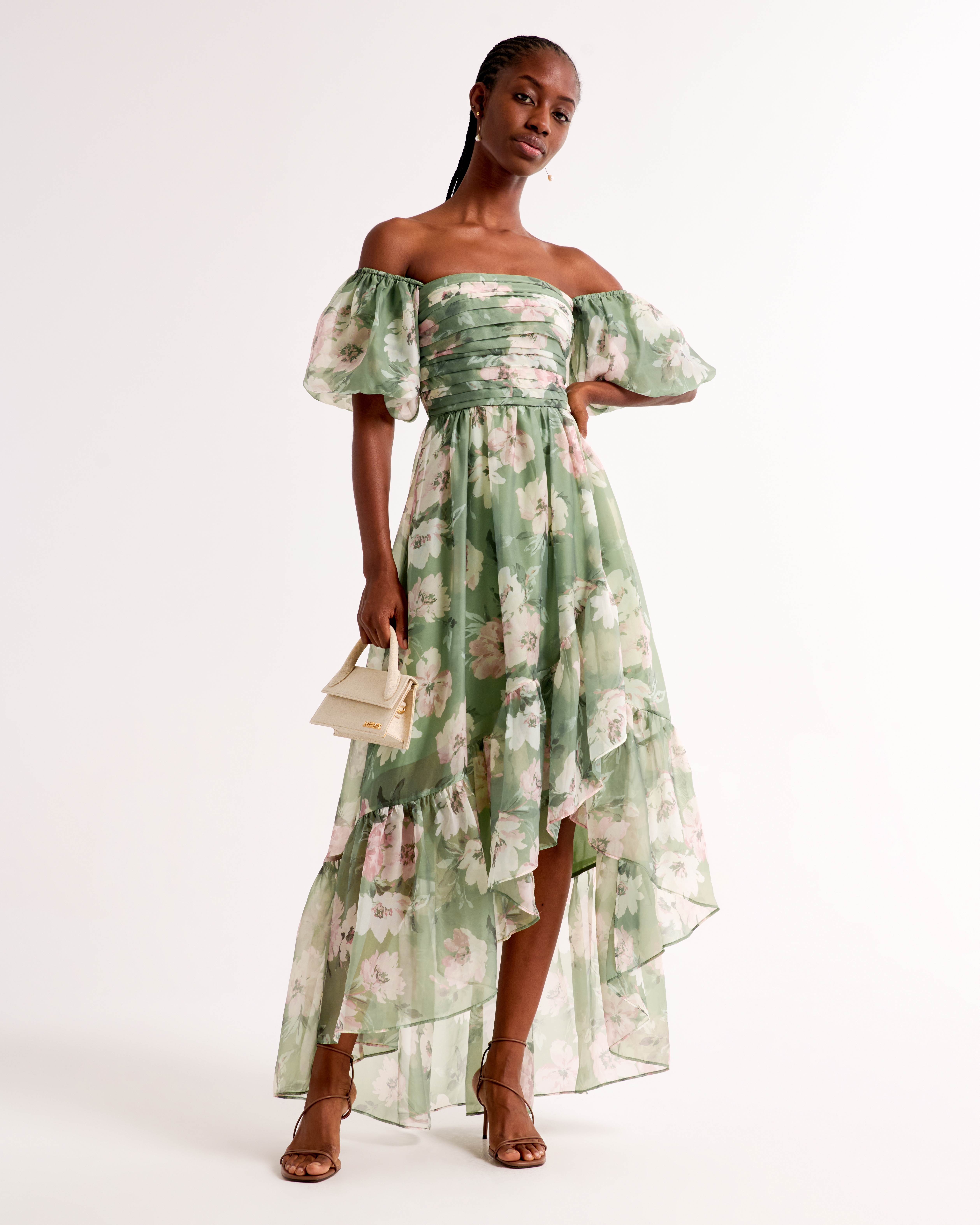 Women s Emerson Off The Shoulder Drama Maxi Dress in Green Floral Size XXS Abercrombie Fitch