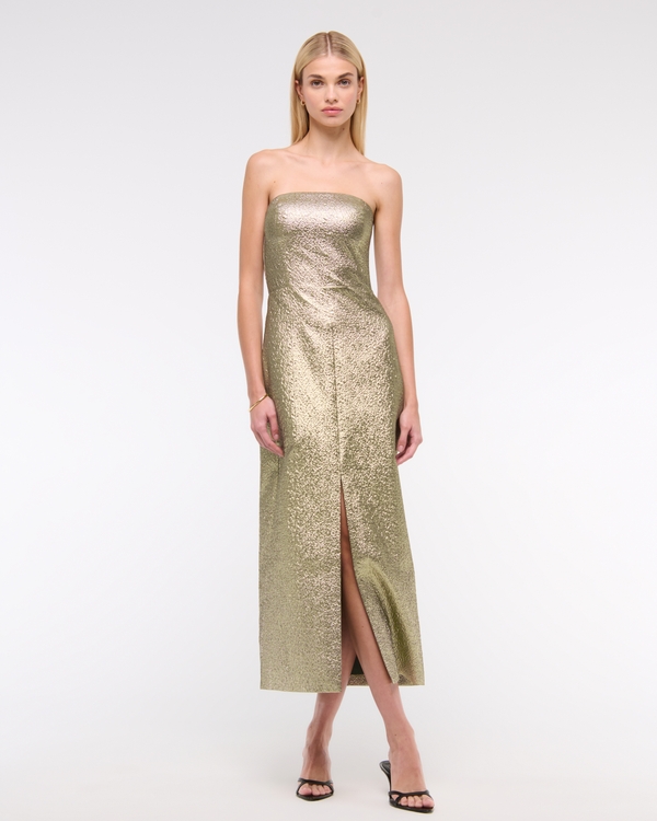 Metallic Strapless Midi Dress, Gold Metallic