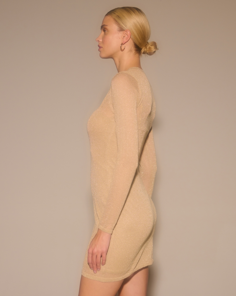 Long-Sleeve Sheer Mini Sweater Dress