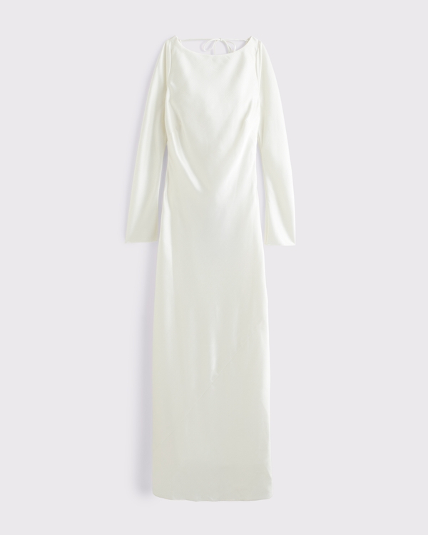 Long-Sleeve Cowl Back Slip Maxi Dress, Cream