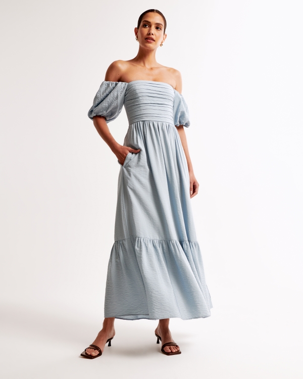 The A&F Emerson Off-The-Shoulder Maxi Dress, Blue Gray