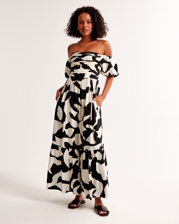 The A&F Emerson Off-The-Shoulder Maxi Dress, Black Pattern