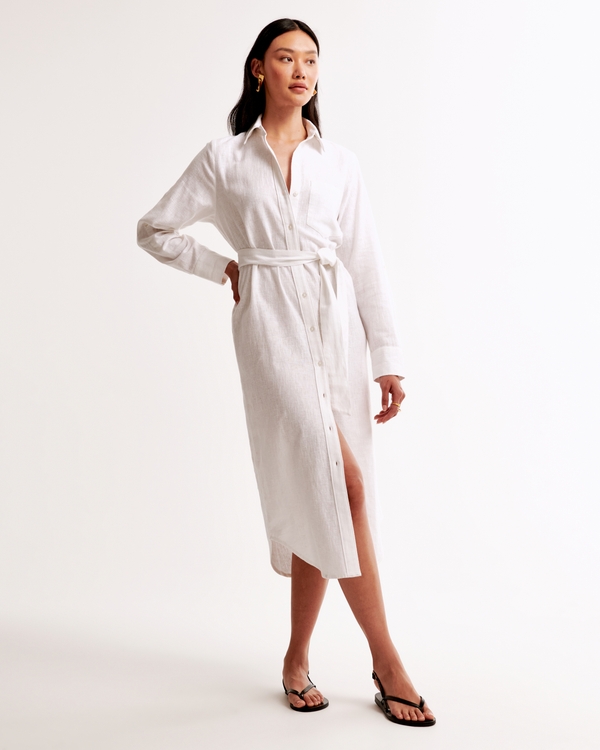 Linen-Blend Midi Shirt Dress, White