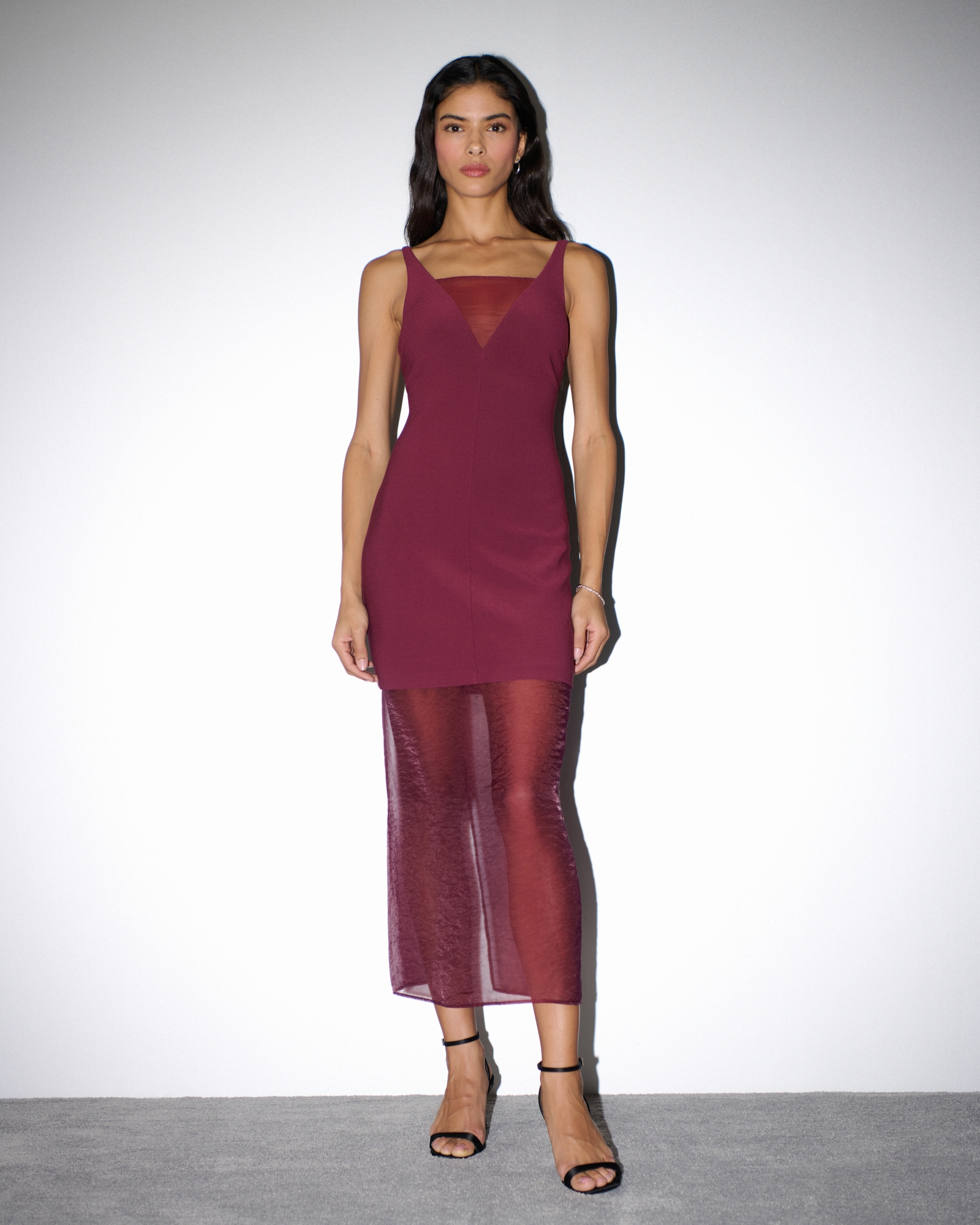 V-Neck Sheer Midi Dress