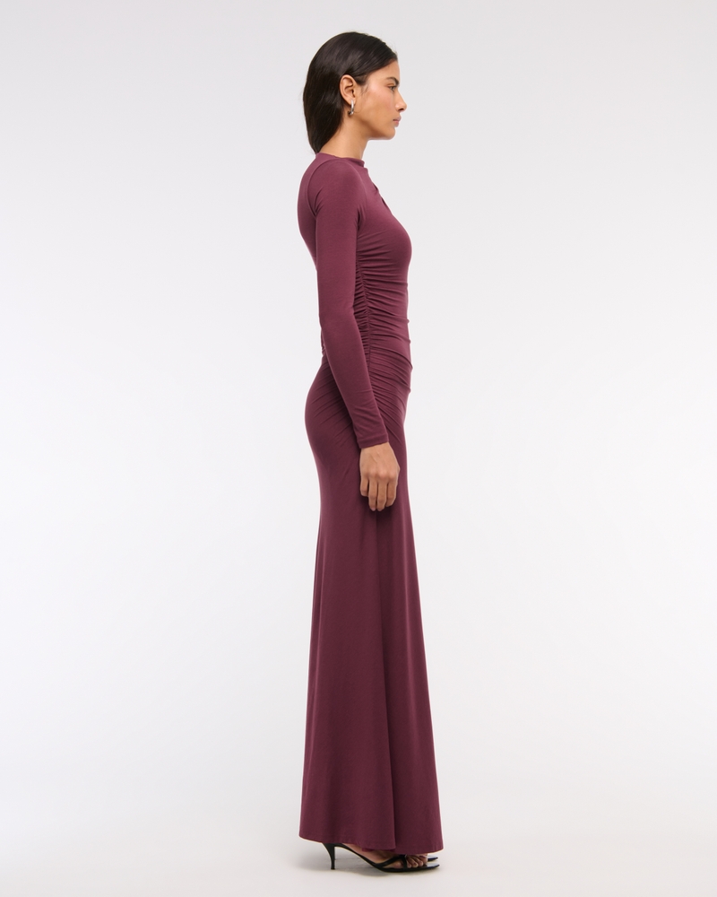 Long-Sleeve Draped Knit Maxi Dress