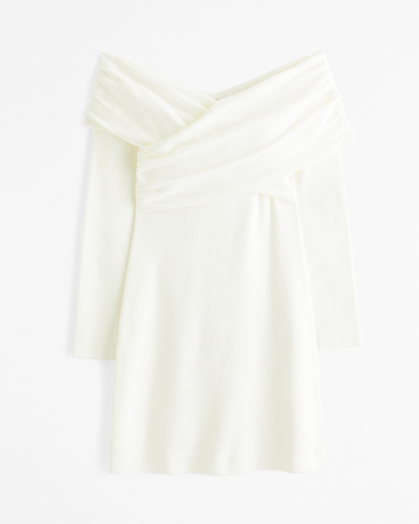 Off-The-Shoulder Mini Sweater Dress, Cream