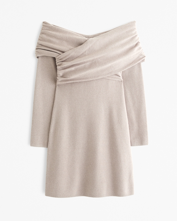 Off-The-Shoulder Mini Sweater Dress, Light Brown