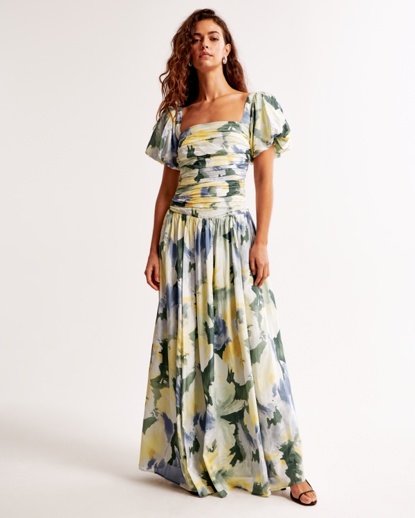 The A&F Emerson Dropped Waist Puff Sleeve Maxi Dress, Green Floral