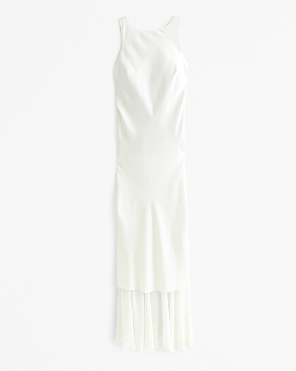 High-Neck Sheer Hem Slip Maxi Dress, Pearl