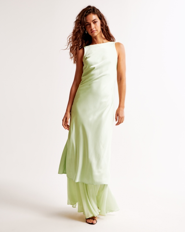 High-Neck Sheer Hem Slip Maxi Dress, Mint