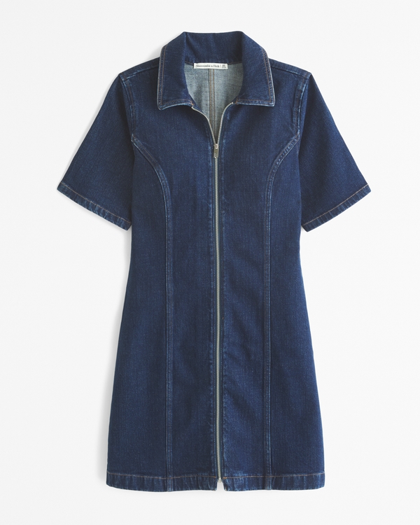 Short-Sleeve Denim Mini Dress, Dark Wash