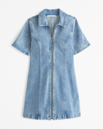 Trending Topic Zip Short Sleeve Denim Mini Dress - 3 Colors main image 0