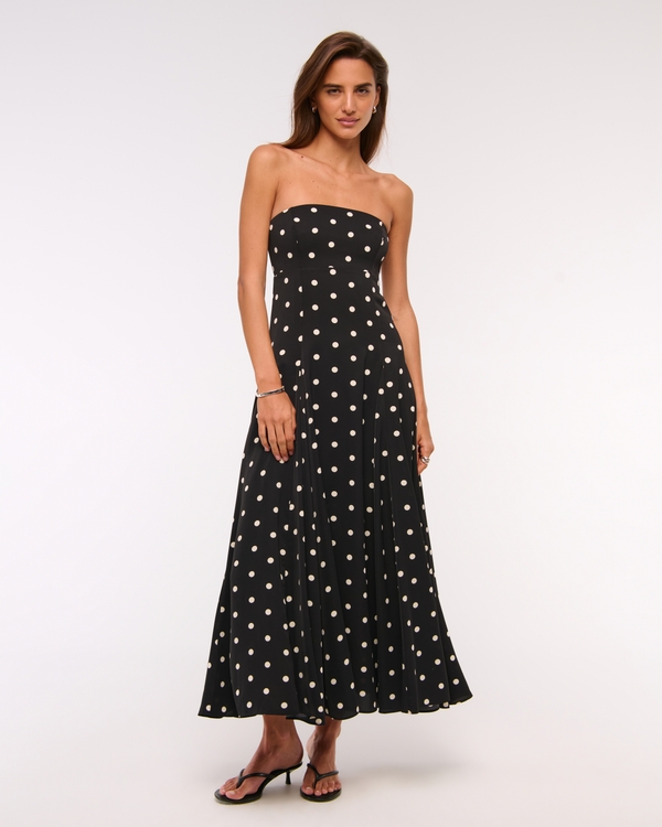 Godet Clasp-Back Midi Dress, Black Dot view 2