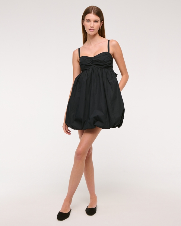 gigli bubble hem mini dress black Black Fit and Flare Mini Dress - V-Neck Bubble Hem with Tie Straps
