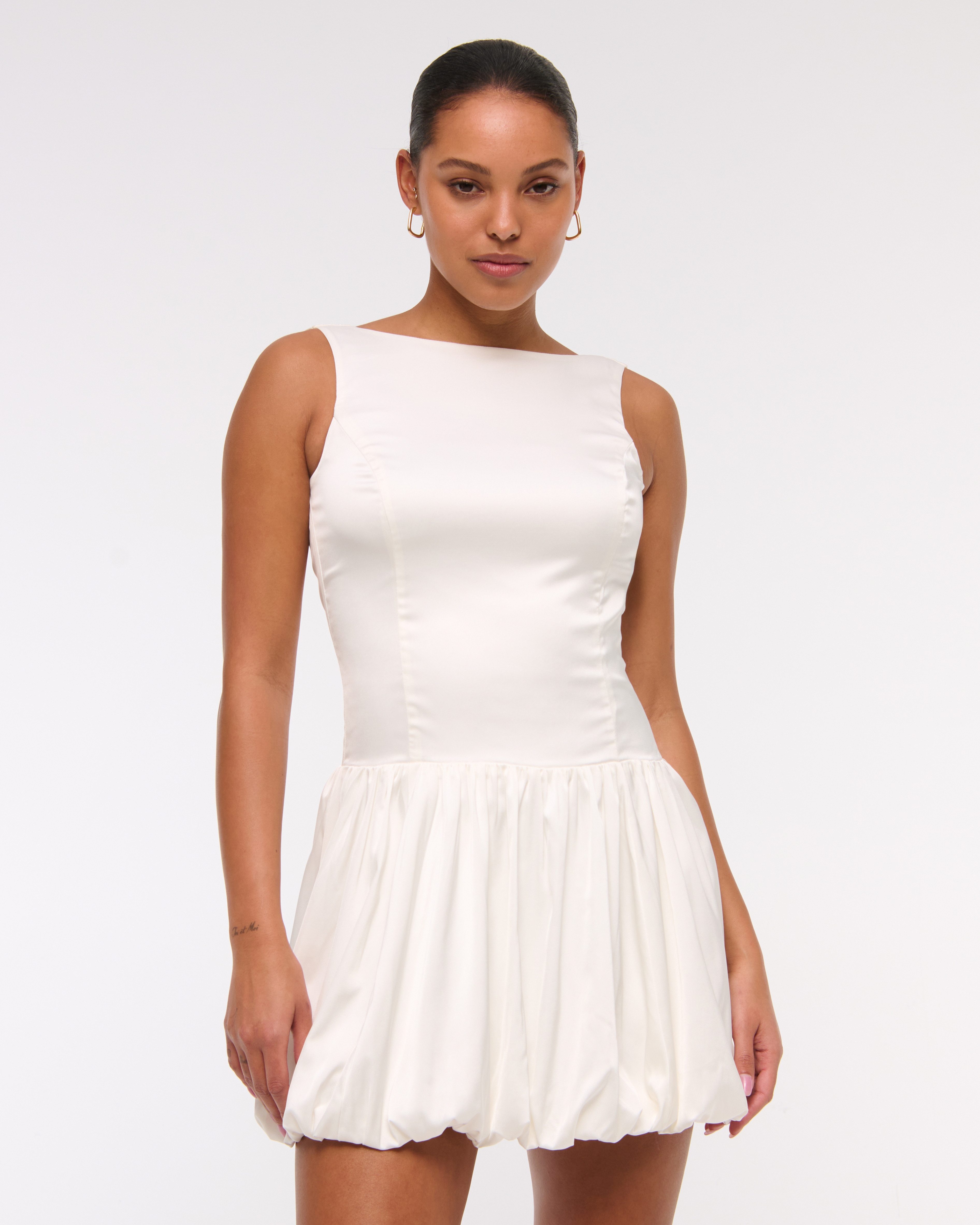 Abercrombie & Fitch High-neck Bubble Hem Mini Dress In White