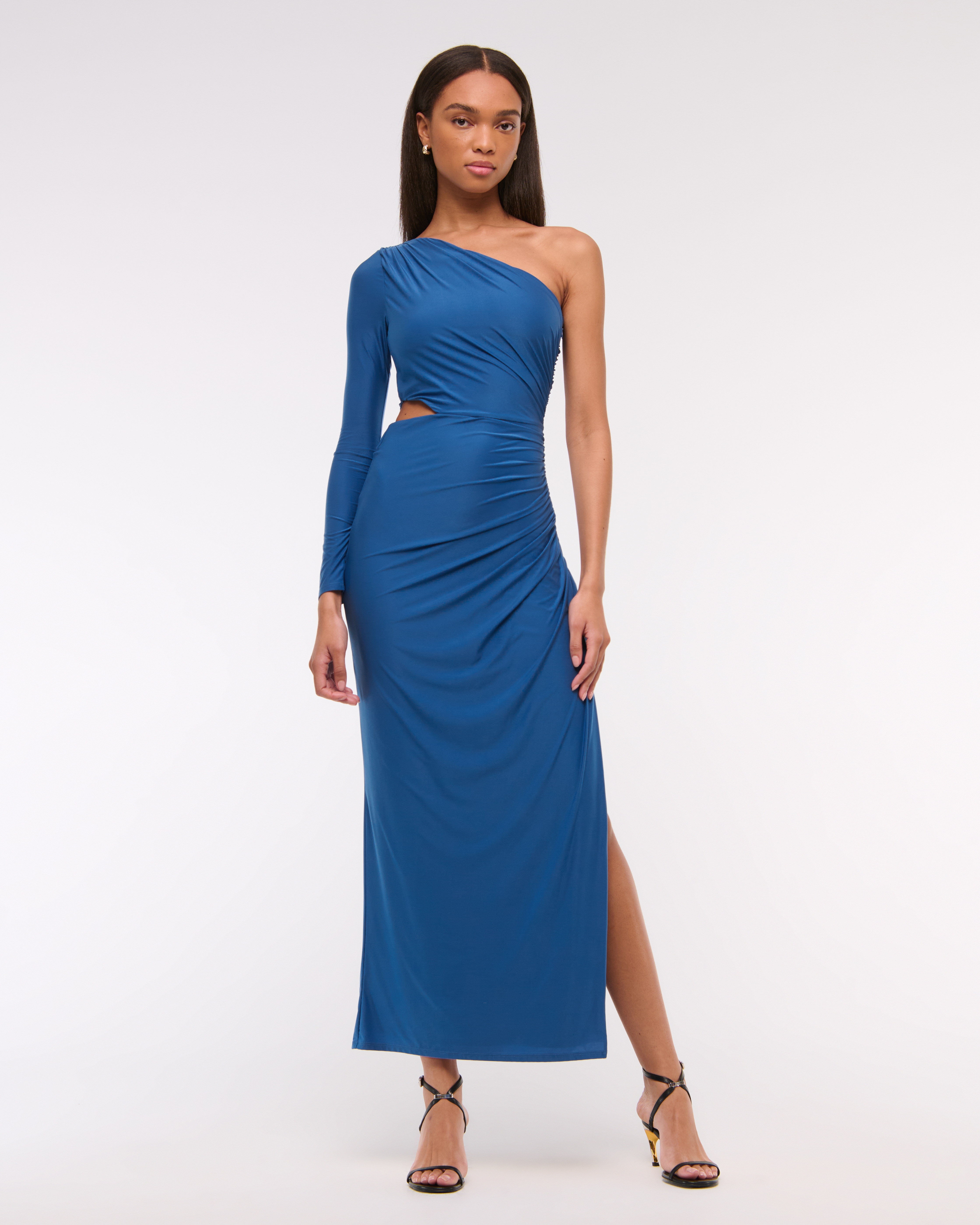 Abercrombie & Fitch One-shoulder Draped Maxi Dress In Blue