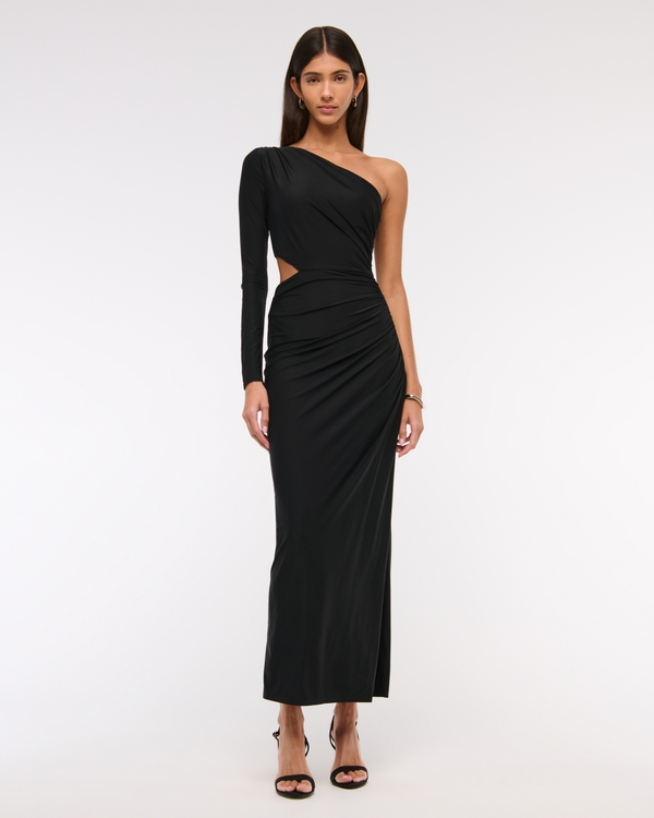 One-Shoulder Draped Maxi Dress, Black view 1
