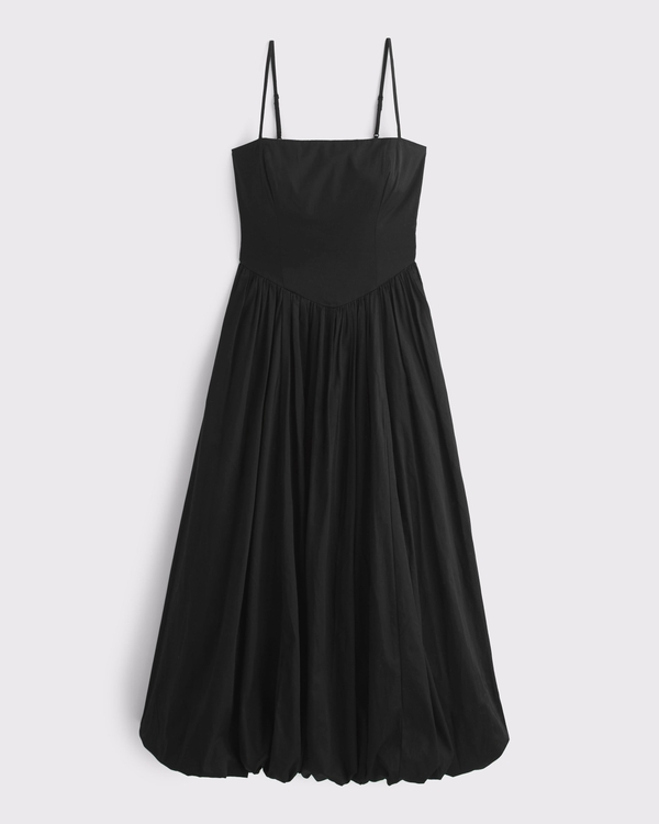 Dipped-Waist Bubble Hem Midi Dress, Black view 1