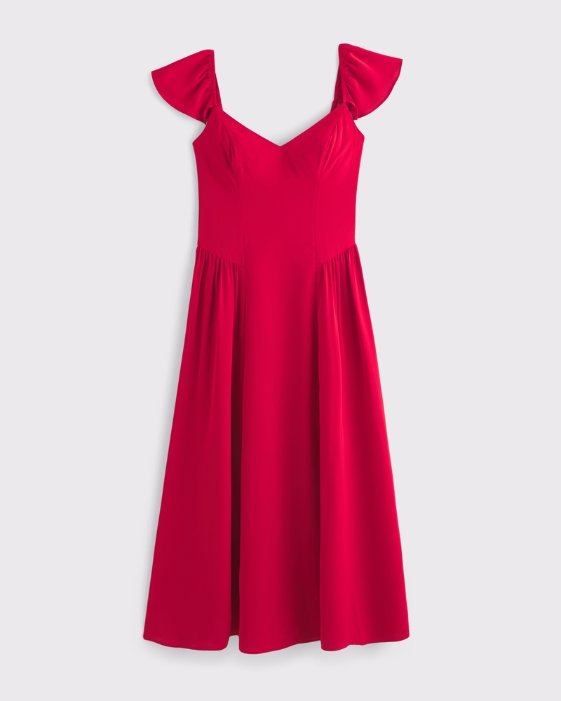 knee length dresses for ladies White Satin Cream Wrap Dress Midi Flutter Sleeves M main image 1