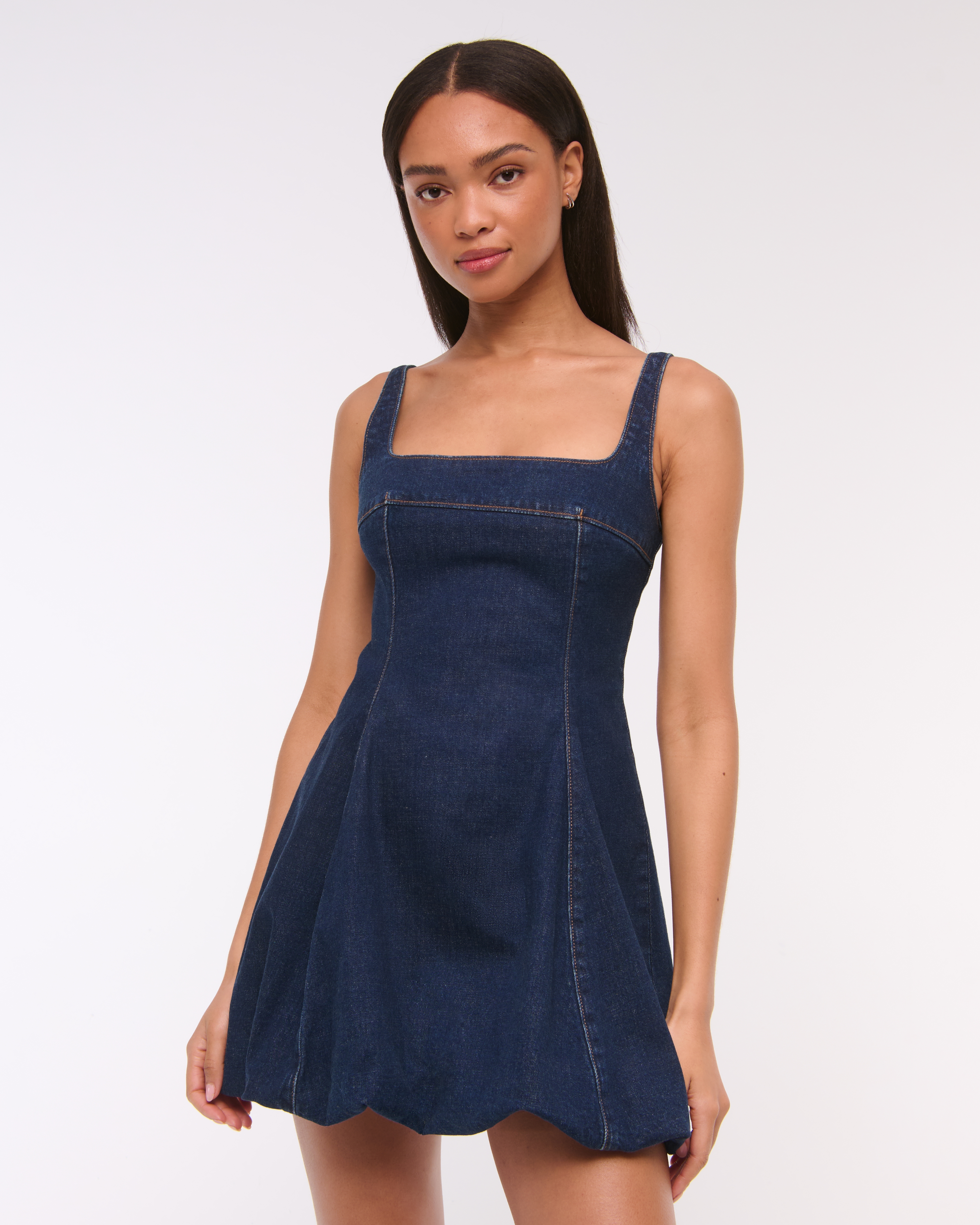 Women's Squareneck Bubble Hem Denim Mini Dress | Women's