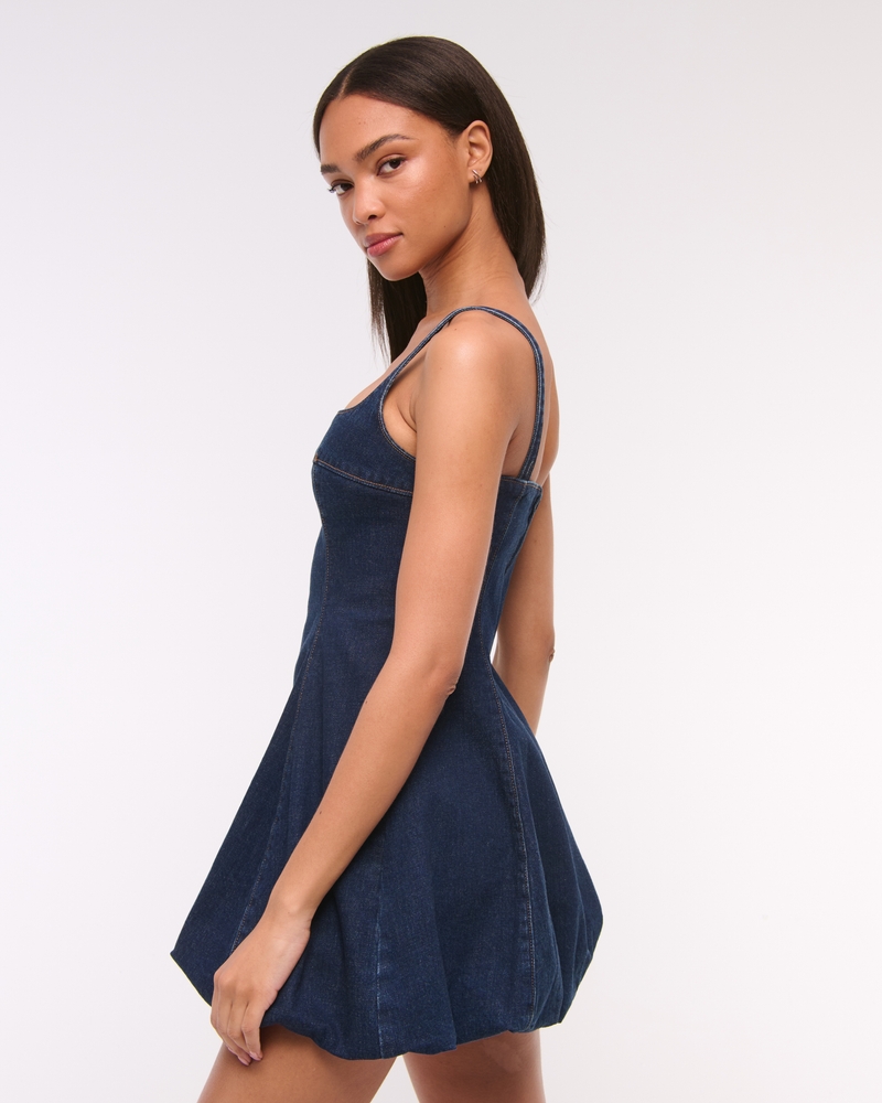 Squareneck Bubble Hem Denim Mini Dress