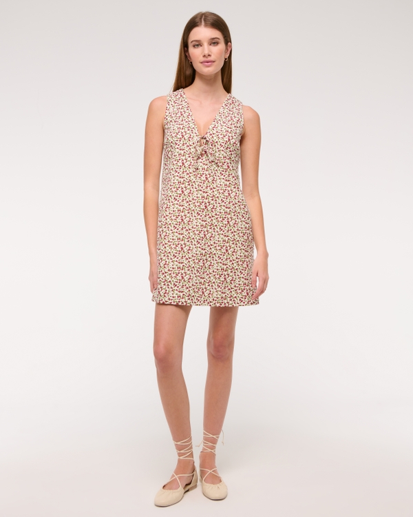 Linen-Blend Tie-Front Mini Dress, Strawberry Print view 1