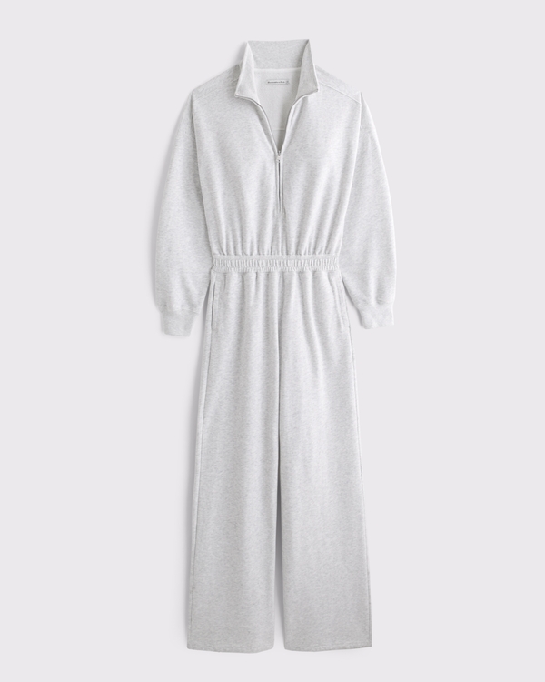 Long-Sleeve Half-Zip Fleece Jumpsuit, Light Gray view 1