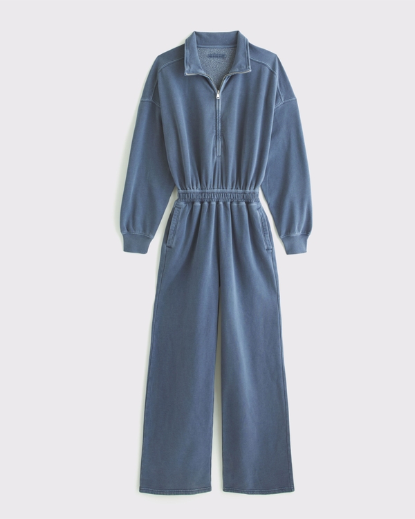 Long-Sleeve Half-Zip Fleece Jumpsuit, Vintage Indigo view 1