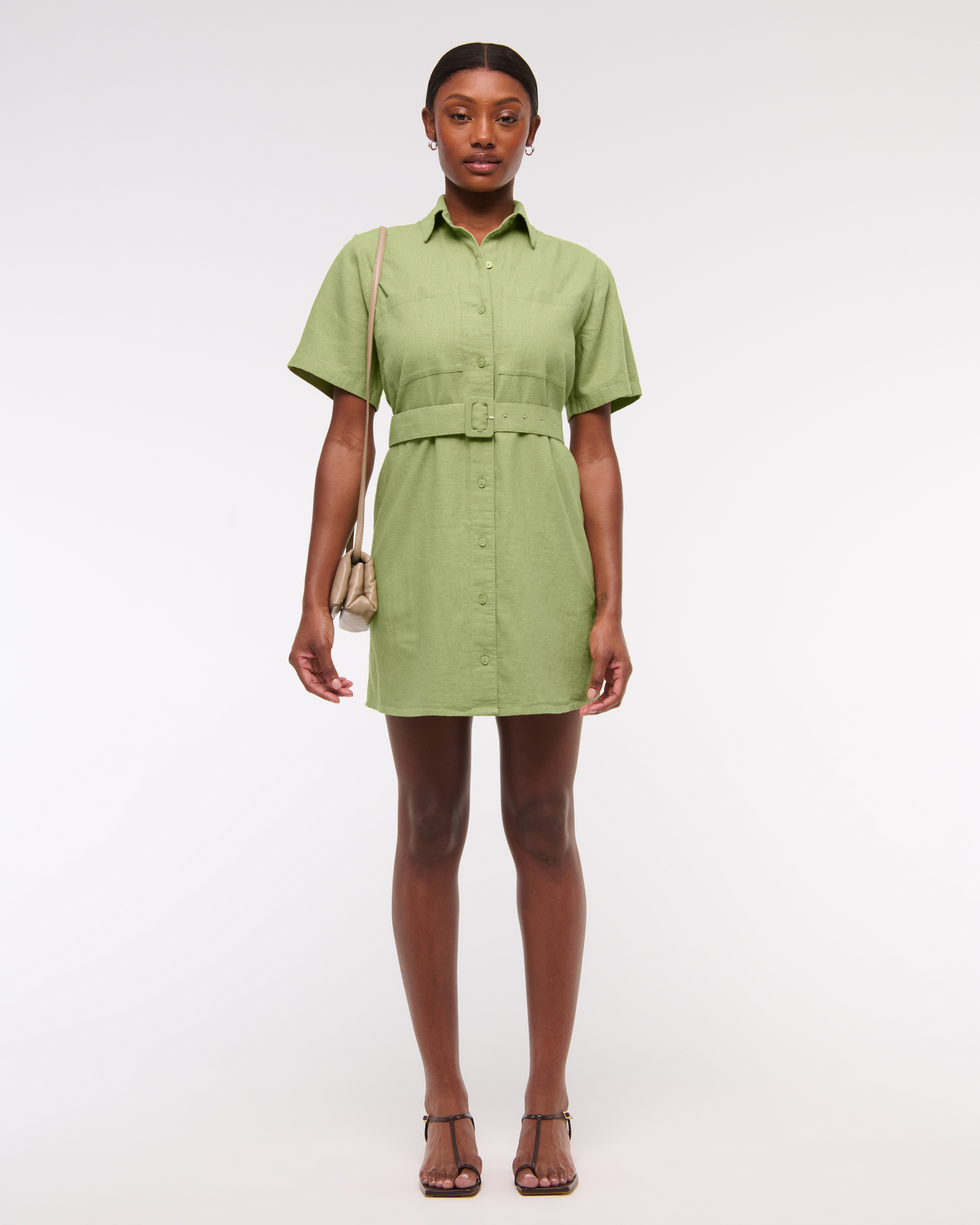 ♡ ❣️ check mini dress beige M Women's Belted Linen-Blend Mini Shirt Dress | Women's