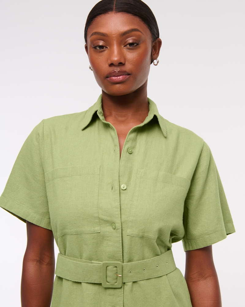 Belted Linen-Blend Mini Shirt Dress