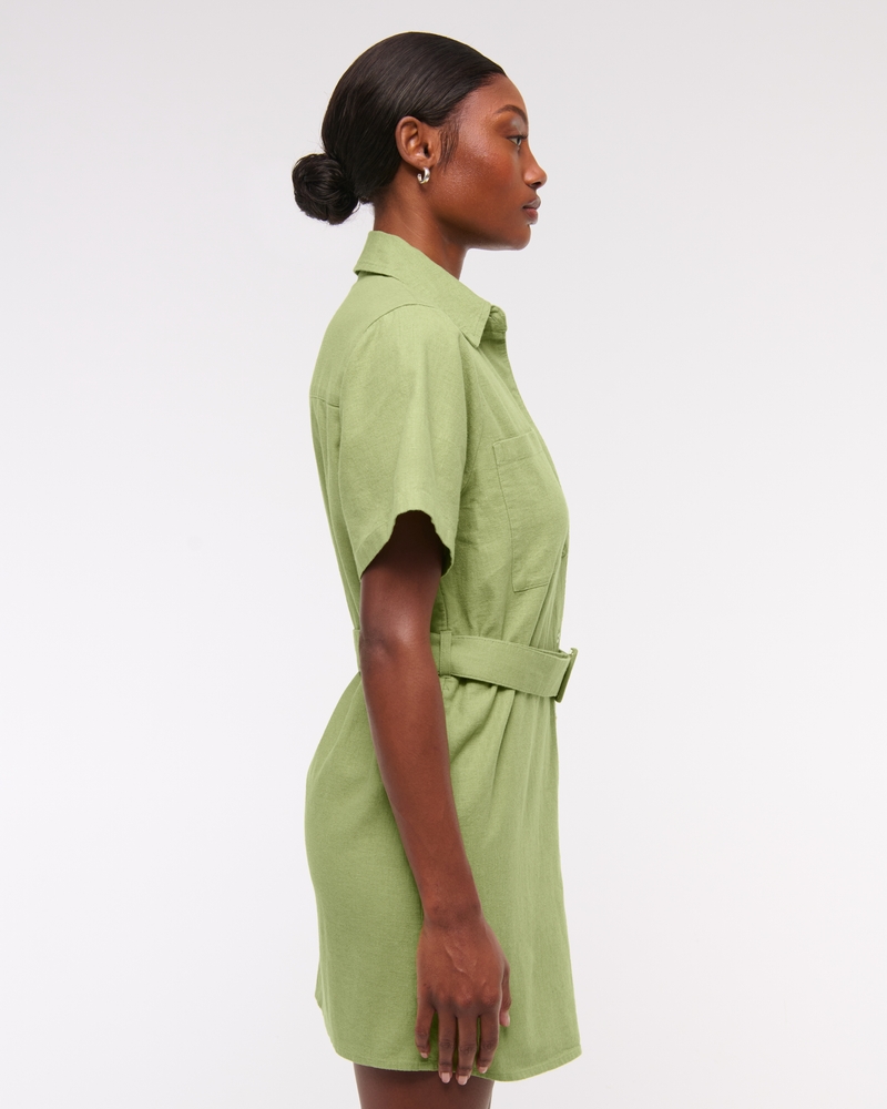 Women's Belted Linen-Blend Mini Shirt Dress in Lime | Size M | Abercrombie & Fitch