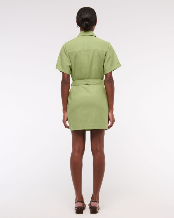 Women's Belted Linen-Blend Mini Shirt Dress in Lime | Size M | Abercrombie & Fitch