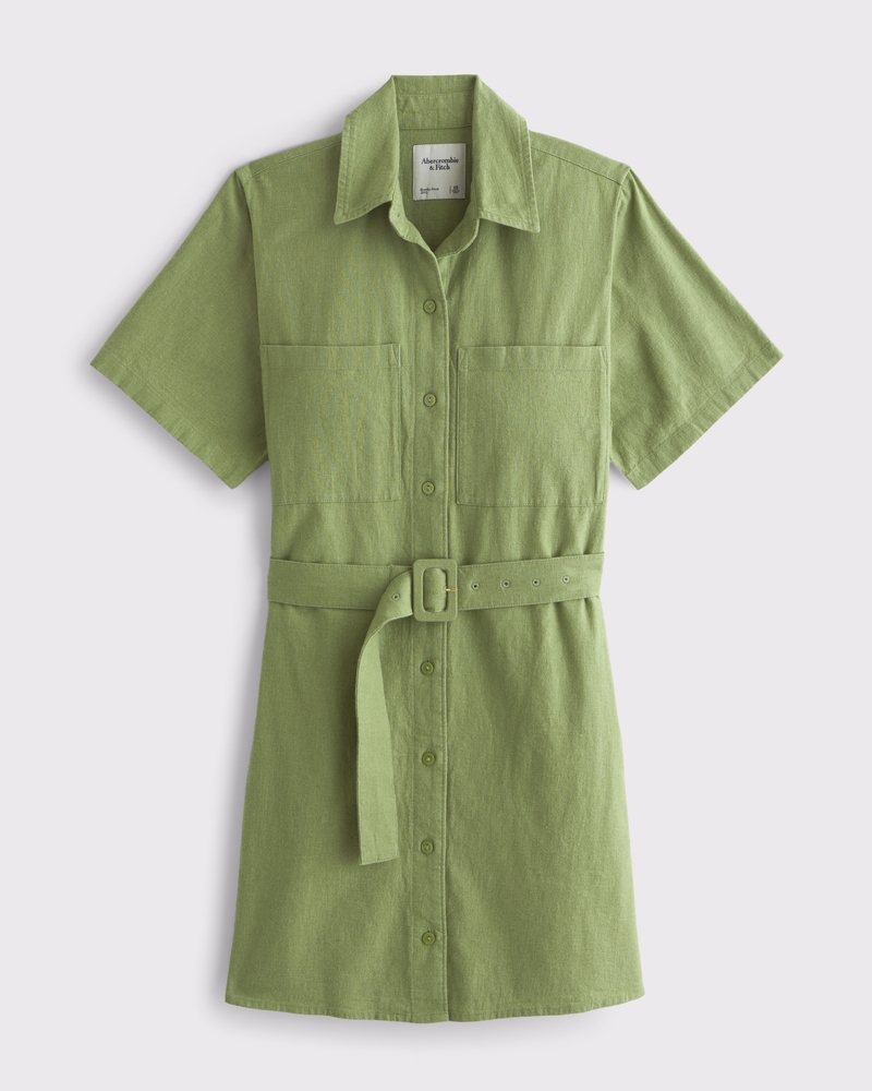 Women's Belted Linen-Blend Mini Shirt Dress | Women's