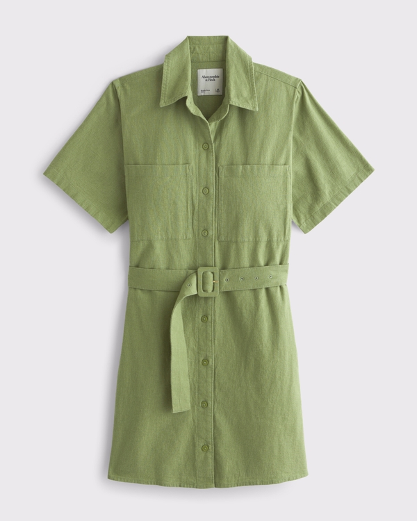 Women's Belted Linen-Blend Mini Shirt Dress in Lime | Size M | Abercrombie & Fitch