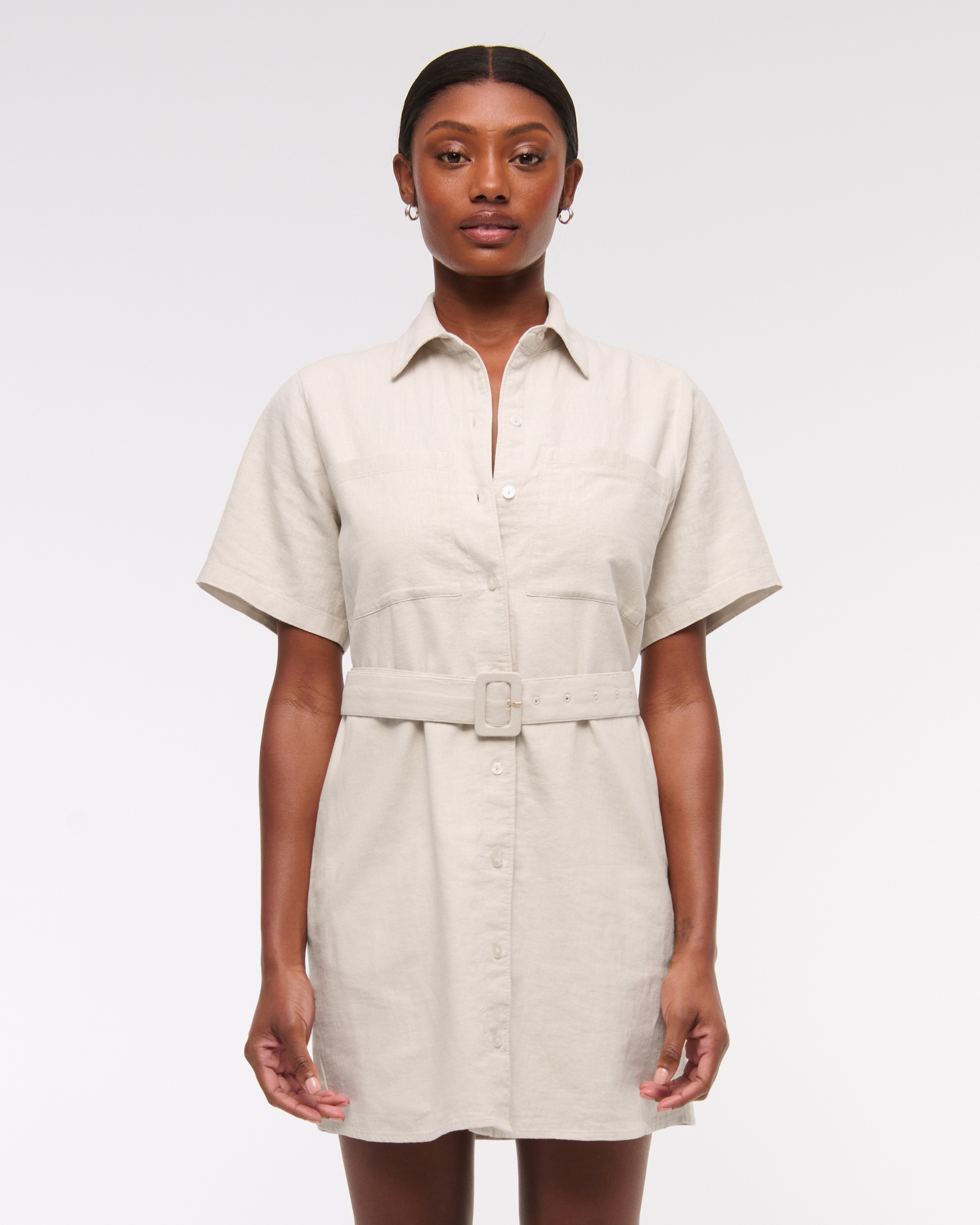 Belted Linen-Blend Mini Shirt Dress